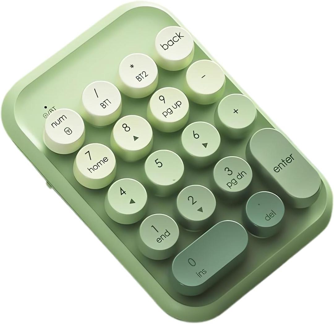 Typewriter Style Number Keypad Wireless 2.4G/Bluetooth/USB-C Wired Rechargeable Numeric Pad Linear Membrane Switch 18-Key NKRO Retro Round Keycaps Portable for Multi-Device, Matcha Green
