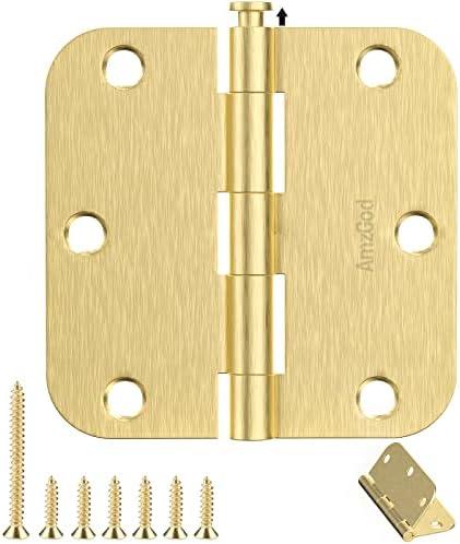 AmzGod Satin Brass Door Hinges - 7Pack Gold Door Hinges 3.5 Inch Rounded Interior Door Hinge with 5/8" Radius - 3 1/2 Inches Flat Iron Brass Hinges for Residential Standard Doors