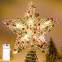 Christmas Star Tree Topper 8.3 Red Green Berries Decor 3D Star Treetop LED Lights Battery Powered Xmas Tree Ornament for Christmas Party Indoor Outdoor Home Decoration