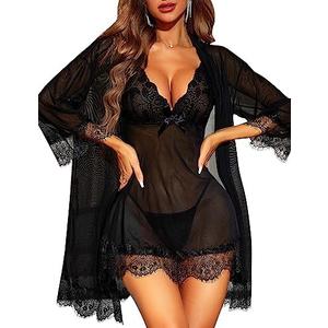 RSLOVE Women Sexy Lingerie Set 3 Piece Babydoll & Lace Kimono Robe Strap Chemise Sleepwear Mesh Nightgown, M