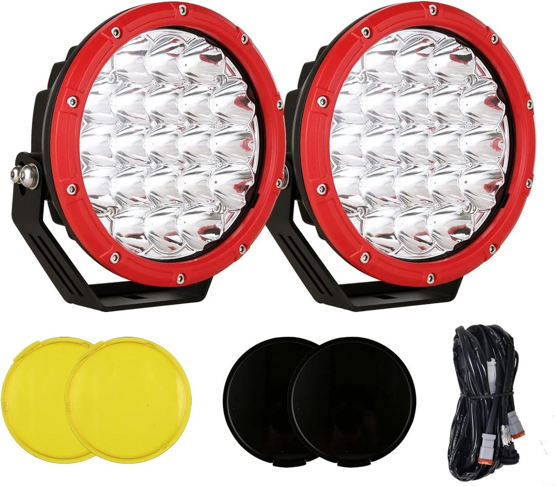 7 Inch Round LED Offroad Lights Red 2pcs 210W 32000LM LED Off Road Lights Super Bright Off Road Lights Driving Lights Amber Offroad Lights with Wiring Harness 12V 24V