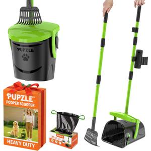 Pupzle Dog Pooper Scooper with Bag Attachment, 40" Long Handle Pooper Scooper for Large Dogs, Dog Poop Scoop for Yard, Large Capacity Swivel Bin and Rake, Lavender Scented Bags (Green)