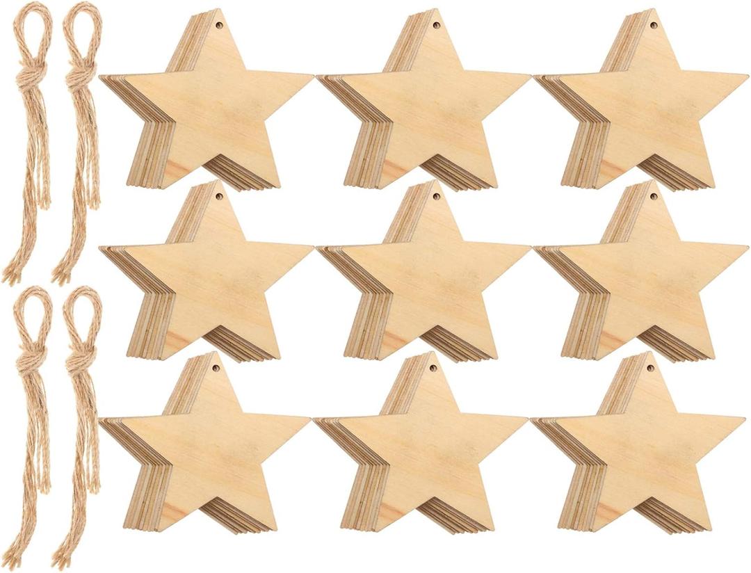 Tatuo 100 Pieces Christmas Wooden Star Ornaments Star Wooden Cutouts for Crafts Hanging Ornaments with Ropes for Embellishments, Wedding, DIY, Craft, Festival