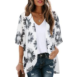 Women's Floral Print Puff Sleeve Kimono Cardigan Loose Cover Up Casual Blouse Tops (XX-Large)
