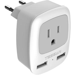 TESSAN European Travel Plug Adapter, Europe Power Adaptor with 2 USB Ports, International Type C Outlet Charger for US to Most of EU Iceland Spain Italy France Germany (2.6*2.8*2.3 inch)