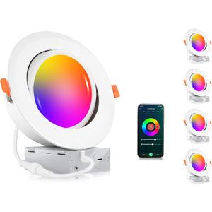 CLOUDY BAY [4 Pack] 6 inch Gimbal Smart WiFi LED Recessed Lights,RGBCW Color Changing,Compatible with Alexa and Google Home Assistant,No Hub Required,15W 2700K-6500K, IC Rated