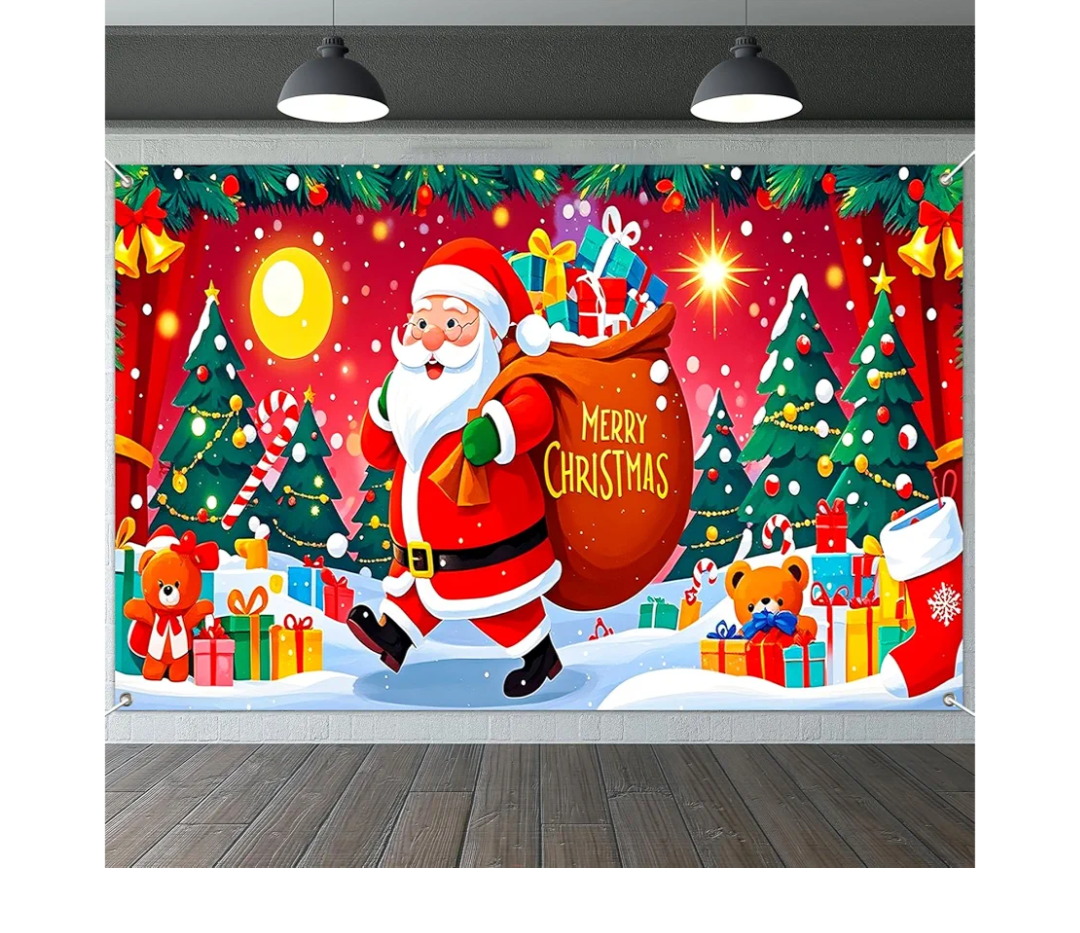 Christmas Party Banner 71x43 Inch Santa Carrying Gift Bag Surrounded by Trees Toys and Presents Decor Holiday Indoor Outdoor Seasonal Party Decoration Banner