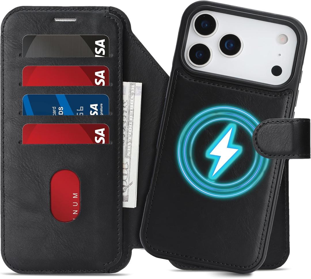 for iPhone 17 Pro Max Wallet Case with [RFID Blocking] Card Slot, MagSafe-Fit, 2-in-1 PU Leather Flip Fold Stand Shockproof Magnetic Detachable Phone Case for iPhone 17 Pro Max,Black - A