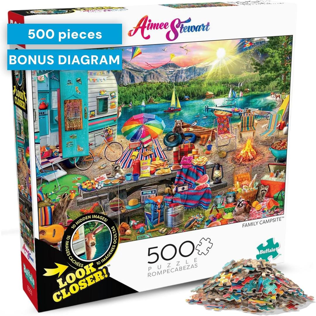 Buffalo Games - Aimee Stewart - Family Campsite - Look Closer - 500 Piece Jigsaw Puzzle for Adults with 10 Hidden Images - Challenging Puzzle for Game Nights - Finished Size 21.25 x 15.00