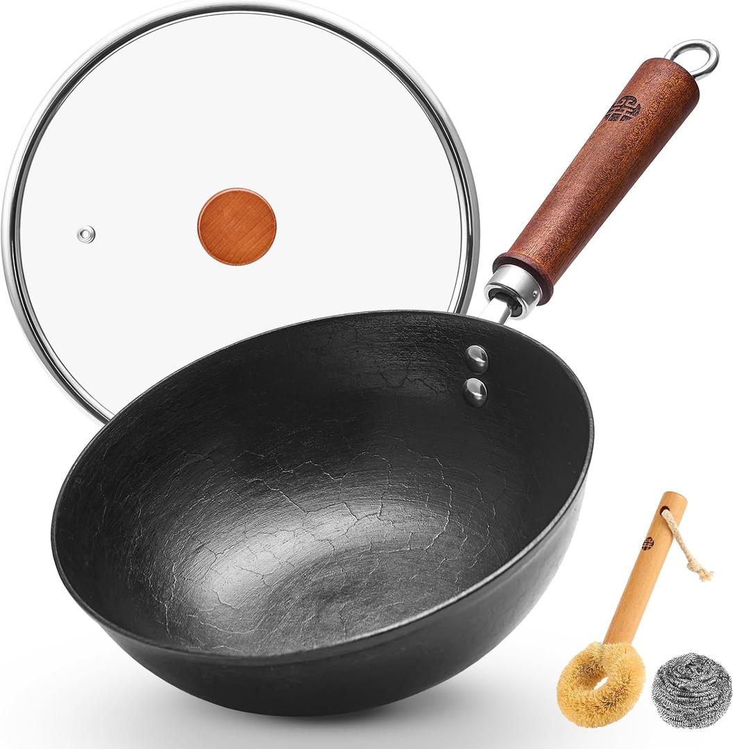 WANGYUANJI 9.5 Inch Cast Iron Wok with Glass Lid – Small Flat Bottom Stir Fry Pan with Wooden Handle, NonCoated Cookware for Gas & Open Flame