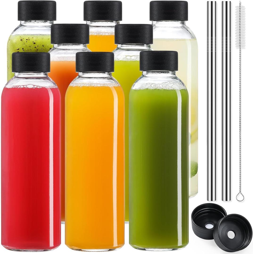 [UPGRADED LID] 8 Pack 18 oz Glass Juice Bottles with 8 Airtight Lids &2 Straw Hole Lids &2 Straws, Reusable Drinking Jar, Clear Water Bottles for Juicing, Smoothies, Refrigerator & Travel - BPA Free