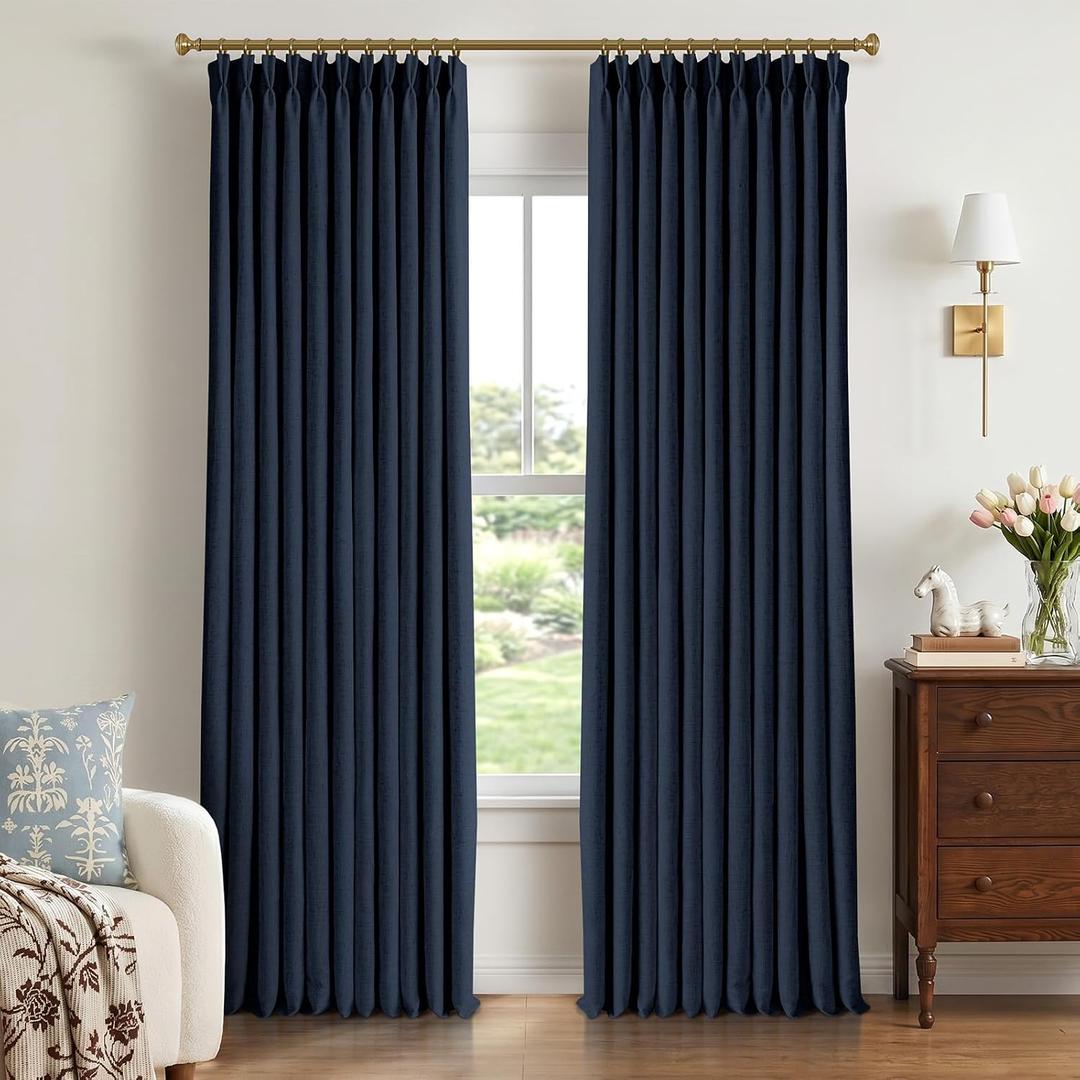 CAPALOCA Pinch Pleated Curtains Blackout, Linen Blackout Curtains 120 inches Long 2 Panels Set for Bedroom, Thermal Insulated Pinch Pleated Drapes for Living Room, 40"W x 120"L (Pack of 2), Navy Blue