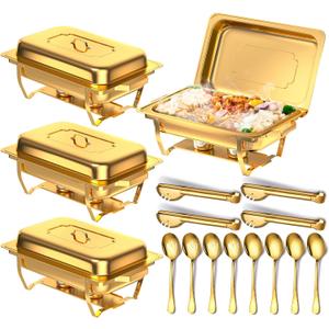 Chafing Dishes for Buffet, 8 Qt High Grade Chafing Dish Buffet Set, Rolled-Edge Design Food Warmers for Parties, Buffet, Wedding, Birthday, Camping 4 Pack 4 Pans [Gold]