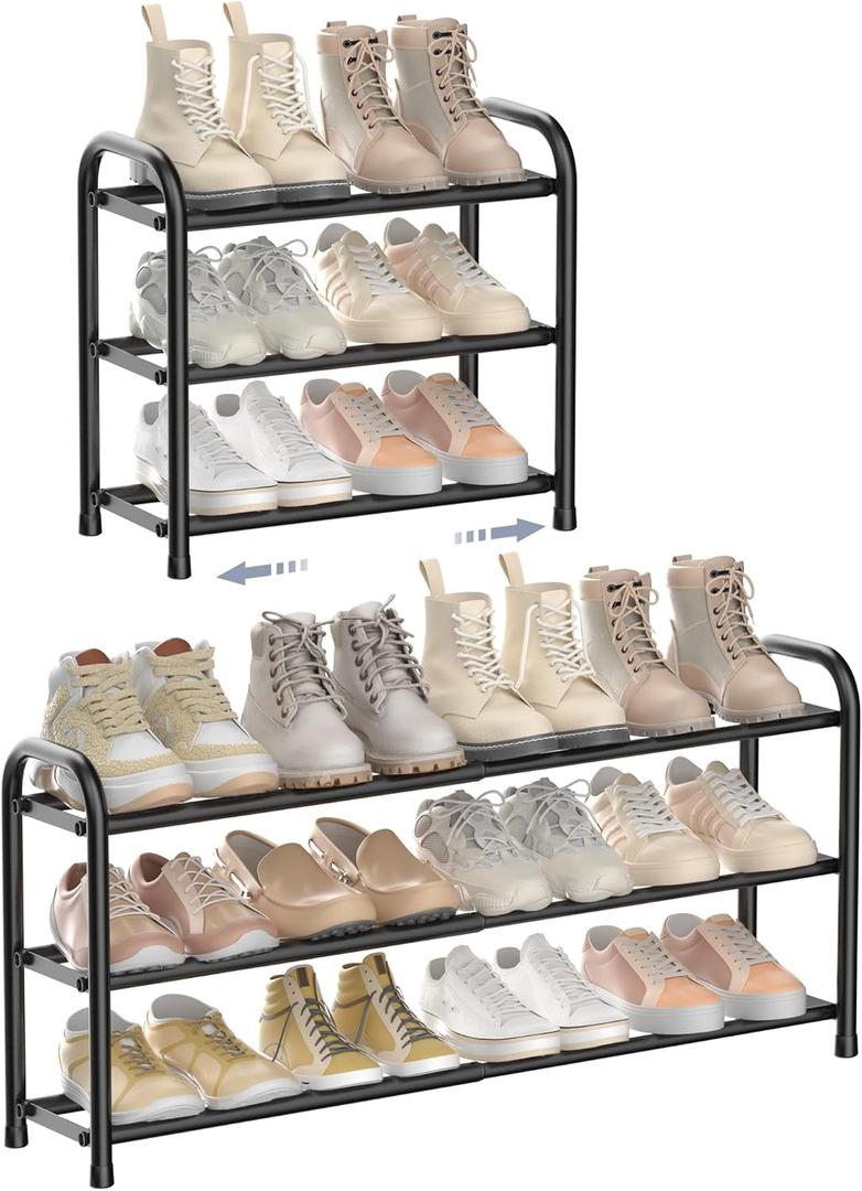 ENJOYBASICS Expandable Shoe Rack, 3 Tier Adjustable Shoe Organizer Shelf for Closet, Black Metal Free Standing Shoe Rack Storage for Small Space, Entryway | Adjustable, for Closet, Shoe Rack Storage, for Small Space, Entryway