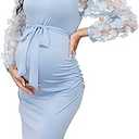 Floral Mesh Bishop Long Sleeve Maternity Midi Dress, Fall Maternity Bodycon Dress for Baby Shower/ Wedding Guest/ Photoshoot Blue XL