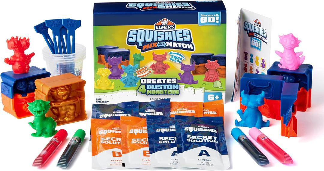 Elmer's Squishies Mix and Match, Kids DIY Activity, Squishy Toys Kit, Creates 4 Mix and Match Characters, 24 Piece Set - Slime Fun, Arts & Crafts, Creative Gift for Ages 6+