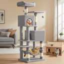 Feandrea Cat Tree, 59.5-Inch Tall Cat Tower, Plush Multi-Level Condo with 5 Scratching Posts, 2 Perches, 2 Caves, Hammock, 2 Pompoms, Light Gray UPCT192W01