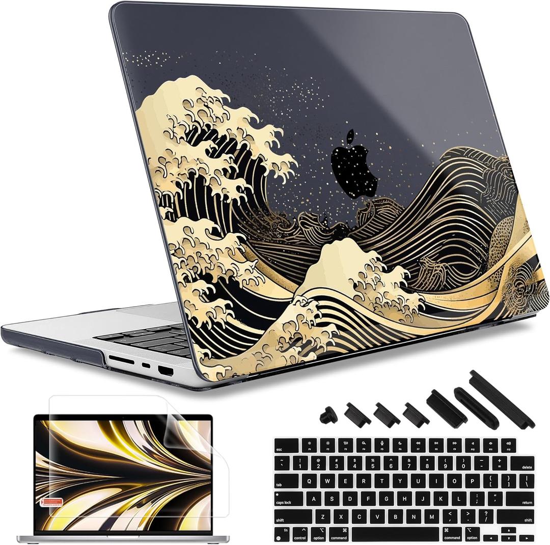 May Chen Case for M4 MacBook Pro 14 inch Case A3112 A3401 Max A3185, M3 A2918 A2992, M2 A2779 M1 A2442, 2024 2023 2022 2021 Release, Plastic Hard Shell with Keyboard Cover, Black Sea Wave