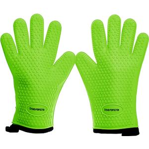 KITCHEN PERFECTION XL Silicone Smoker Oven Gloves-Extreme Heat Resistant BBQ Gloves-Handle Hot Food Right on Your Grill Fryer&Pit|Waterproof Grilling Cooking Baking Mitts|Superior Value Set+3 Bonuses (Green)