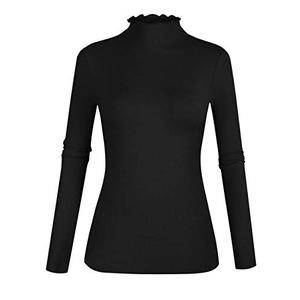 POPZONE Women's Lettuce Trim Mockneck Long Sleeve Slim Fit Ribbed Knit Tee Shirt (Black, Medium)