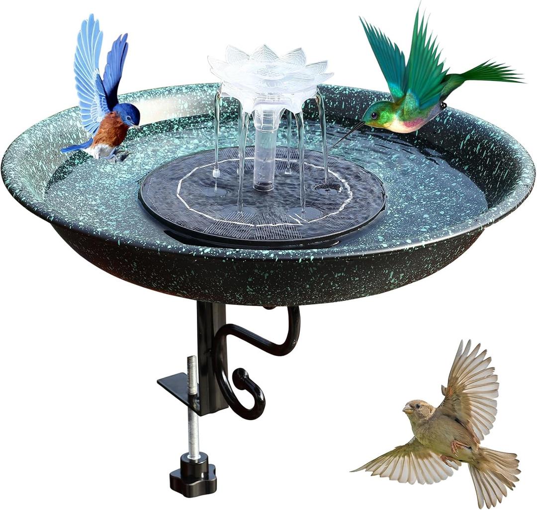 Vantulla Deck Mounted Bird Bath,Dual Purpose Hummingbird Bath and Bird Feeder for Outside,Solar Bird Bath Fountains Combo Set for Balcony Railing Garden, for Backyard Birding & Wildlife,Copper Green
