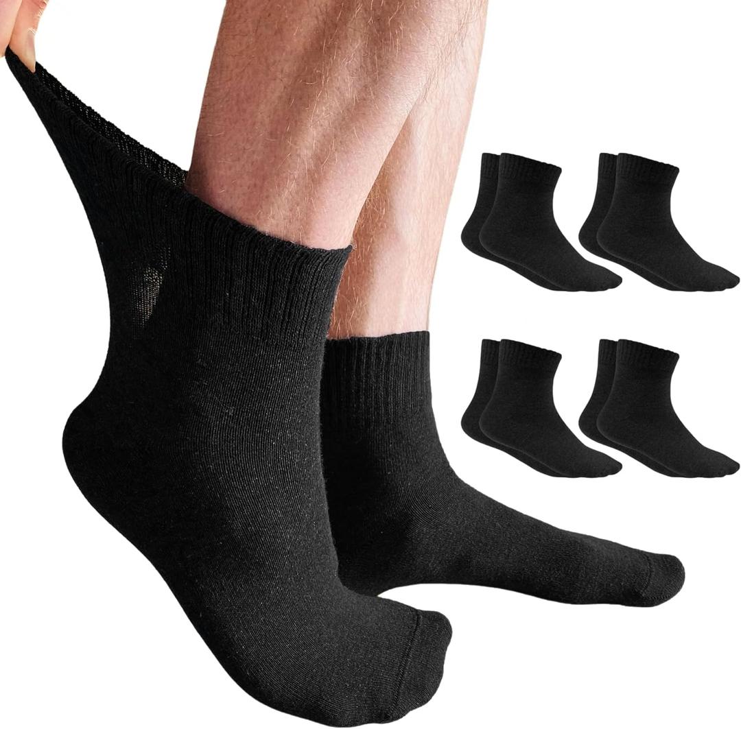 Diabetic Ankle Socks for Men 9-12 Non-Binding, Thin Cotton Wide Ankle Socks Loose Fitting Top Black 4 Pairs, Size: 10-13