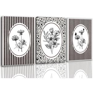 3 Pcs Vintage Floral Canvas Wall Art Bathroom Wall Painting Black And White Stripe Cottage Wildflower Poster Print Rustic Farmhouse Wall Decor for Bedroom Bathroom Living Room Office Kitchen 16*24In (Stretched Canvas On A Wooden Frame)