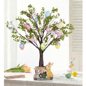 MISF 26In Pre-Lit Easter Tree with Lights, 24 LED Battery Operated Easter Egg Tree Decor with Timer, Artificial Tree with Cherry Blossoms, Colorful Eggs & Resin Bunny Base for Tabletop Spring Decor