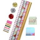 LaRibbons Christmas Wrapping Paper Sets, Classic Reindeer Stripes & Happy Holiday Design with Ribbons & Gift Tags & Metallic Pom Pom for Christmas, Holiday，30Inch × 10Feet（ 4 Rolls: 100 Sq.Ft.Ttl）