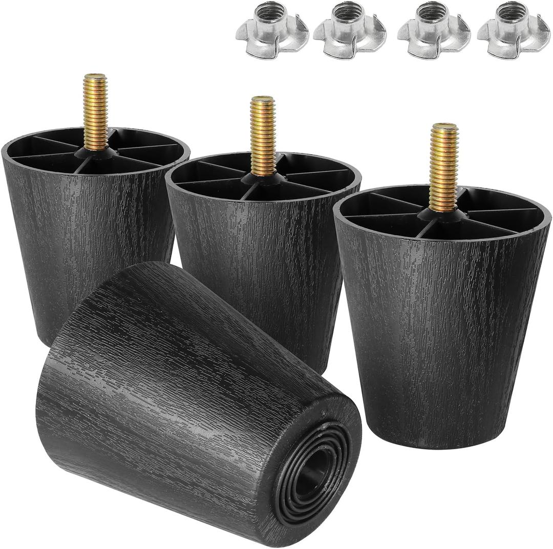 M8-1.25 Metric Thread Bolts Plastic Furniture Legs 2.5 Inch Black Round Tapered Sofa Feet with T-Nuts - Couch Feet Replacement - Couch Legs Set of 4