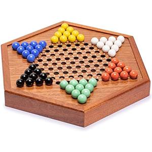 Yellow Mountain Imports Wooden Chinese Checkers Halma Board Game Set (12.7 Inches) with Storage Drawer and Solid Color Glass Marbles (16-Millimeter)