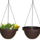 Set Of Two 13 IN Hanging Ceiling Planters, Indoor Or Outdoor Hanging Planters With Ropes, Durable Plastic Planter With A Rattan Appearance In Chocolate Color, Hanging Planter For Trailing Plants