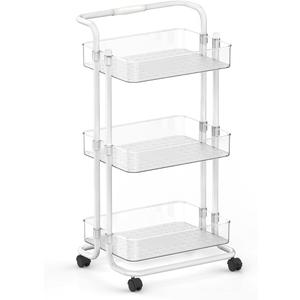 3-Tier Plastic Rolling Utility Cart Organizer with Handle, Multi-Functional Storage Trolley with Lockable Wheels & Reinforced Handle, for Nursery, Office, Living Room, Bathroom, Kitchen(Clear)