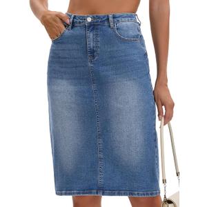 Women's Jean Skirt High Waist Back Slit Stretch Below Knee Length Denim Skirts, Large Blue