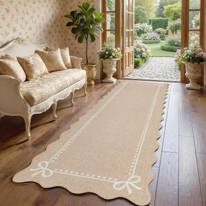 Garvee Scalloped Bow Runner Rug 2x6, Soft Washable Hallway Runner Rug, Non Slip Low Pile Bedroom Hallway Decor, Faux Wool Nursery Rugs, Farmhouse Entryway Mat,BeigeBrown
