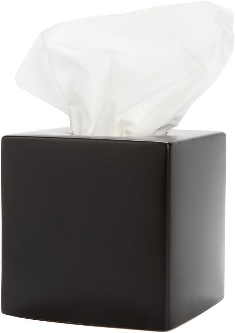 Simple Solid Ceramic Tissue Box Cover Square Matte Finish Tissue Holder for Bathroom, Vanity, Nightstand, Office Decorative & Discreet Fits Standard Tissue Boxes (Black)