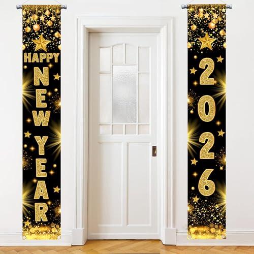Black and Gold Happy New Year Banner 2026 - XtraLarge, 72X12 Inch | Black and Gold New Years Decorations 2026, New Years Eve Party Supplies 2026, New Year Door Banner, Porch Sign, NYE Decorations
