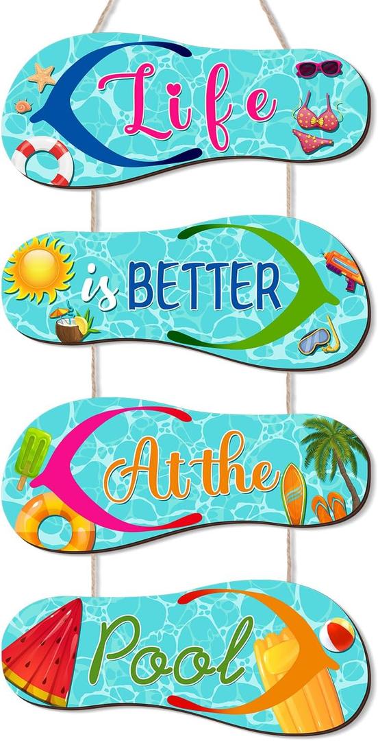 Wooden Beach Wall Hanging Decor Sign Flip Flop Pool Decorations Outdoor Wall Decorations Summer Ocean Sign for Home Summer Tropical Coastal (Blue)