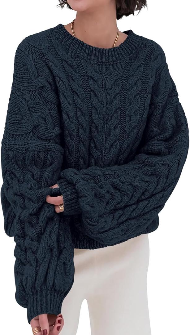 PRETTYGARDEN Womens Sweaters Spring 2026 Cable Knit Long Sleeve Crewneck Oversized Sweater Chunky Pullover Loose Outfits (Navy, XXL)