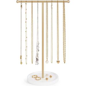 Mkono Necklace Holder Organizer, T-Bar Gold Jewelry Display Stand Wood Base