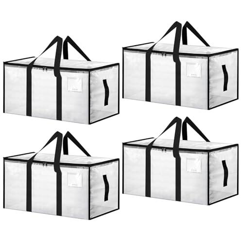 Large Moving Bags 4 Pack Heavy Duty Storage Bags with Reinforced Zipper and Wide Handles, Fold Flat Storage Totes with Tag Pocket, Idea for Space Saving, Alternative to Moving Box (88L, Clear)