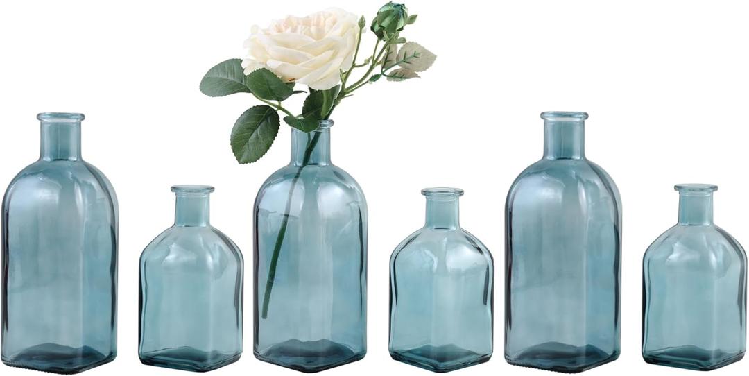 GMWD Glass Flower Vase Set of 6 Green Clear Bud Vases, 14.5 Oz 8 Oz Apothecary Bottle Vases Decorative for Centerpieces Home Decoration Wedding Reception Table Decor