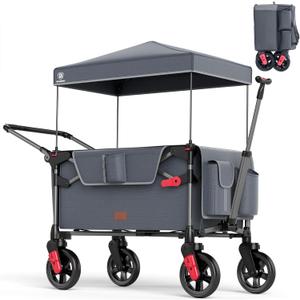 EVER ADVANCED Ultra-Compact Wagon for 2 Kids, Travel Foldable Push Pull Wagon Stroller with Removable Canopy, Adjustable Handles & Harnesses, Grey (Gray)