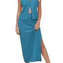 Women Spring Summer Skirt Outfit V Neck Button Vest Top Waffle Knit Bodycon Date Night Maxi Dress Set Peacock Blue M