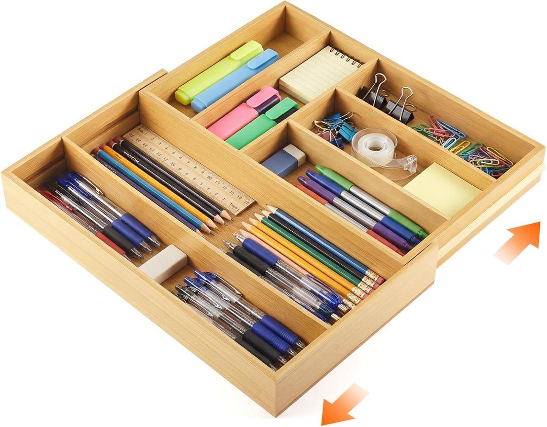 Bamboo Sliding Desk Drawer Organizer 9'' up to 18'' x 15'' x 2'' Expandable Office Desk Accessories Supplies Tray with 7 Compartments for Pens, Notebooks, Rulers, and Makeup Jewelry Vanity