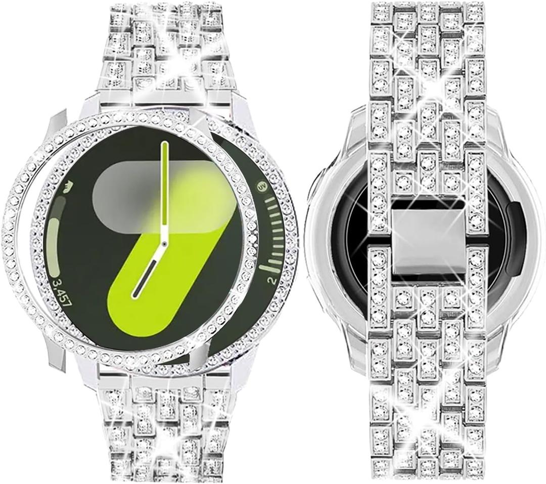 SUPOIX Band with Case ONLY Compatible for Samsung Galaxy Watch 7 44mm, 20mm Women Bling Replacement Strap & PC Protective Bumper Face Cover for Galaxy Watch 7 44mm (Silver/ 44mm)