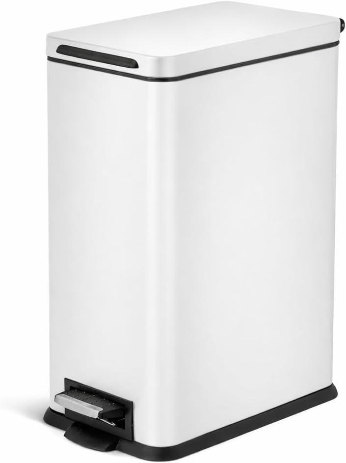 Home Zone Living 8 Gallon Slim Kitchen Trash Can with Soft Close Lid, Step Pedal, Bag Tuck Band, and Removable Liner, Stainless Steel, Matte White, 30 Liters