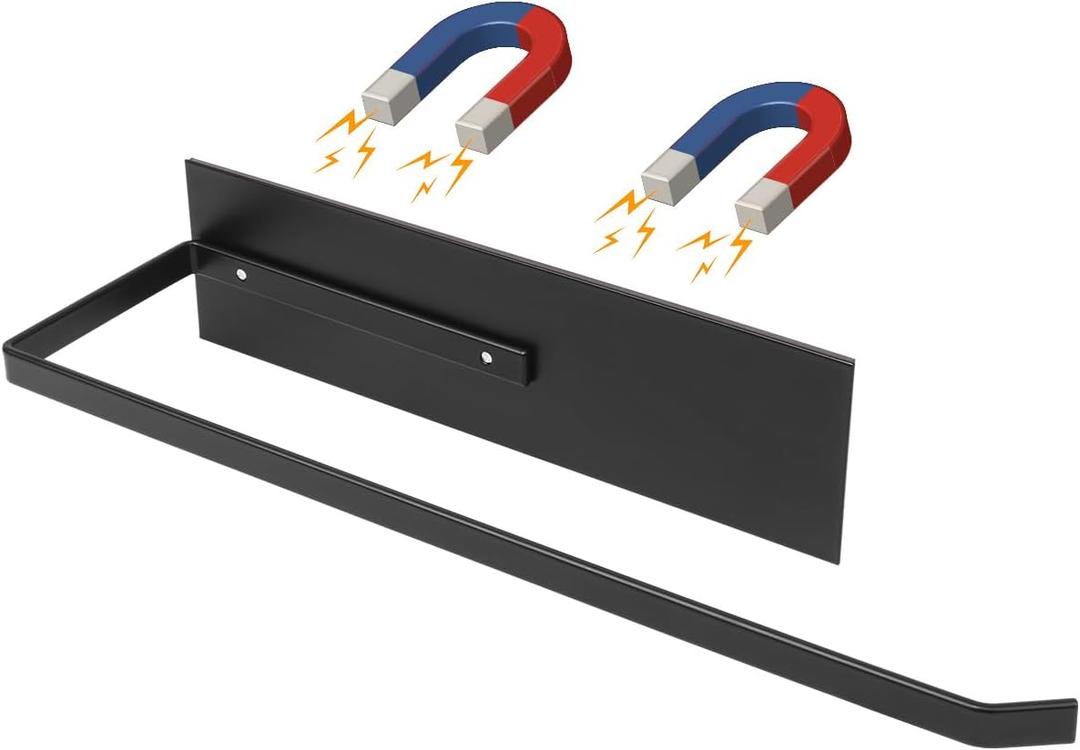 Paper Towel Holder, Magnetic Paper Towel Holder for Fridge, Toilet Paper Roll Holder Magnet Towel Rack Wall Mount Fridge Organizer for Paper Towels Rolls Bathroom Pantry RV Kitchen Storage (Black)