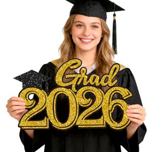 Graduation Party Decorations for Class of 2026 - Gold Grad 2026 Wood Sign Photo Prop for Class of 2026 College High School Graduation Party Supplies