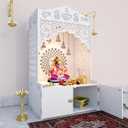Divine Wooden Pooja Mandir for Home with Spacious Shelf & Inbuilt Focus Light - Temple for Home Floor Rested Pooja Mandir with Doors 31" Height Medium White | Festive Decor | Indian Temple
